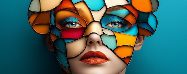 Poster - A woman with a face made of cracked stained glass, each piece reflecting a different reality, surreal and artistic, cinematic composition, sharp details