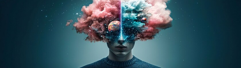 Poster - A faceless figure with a cosmic void in place of a head, stars and planets orbiting around, mysterious and otherworldly, ultra-sharp details, dark surrealism