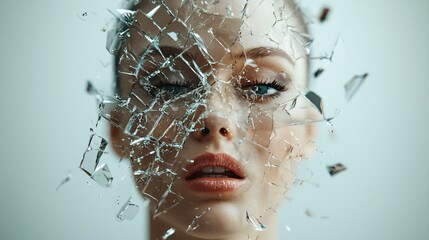 Poster - a woman with a glass face that shatters into floating shards, each reflecting a different universe, 
