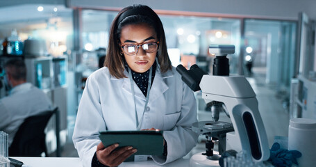 Poster - Research, experiment and woman in lab, tablet and cure with medical analysis, healthcare and test results. Person, science or researcher with tech, studying and digital app with equipment or internet