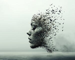 Poster - a human face dissolving into a flock of birds, poetic and symbolic, soft lighting, ethereal glow, su