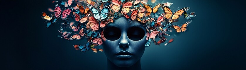 Poster - A faceless woman with a void where her eyes should be, glowing butterflies emerging from the darkness, haunting yet beautiful, high-end fine art surrealism