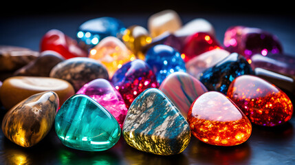 Poster - Assorted gems displayed on a lab bench featuring exquisite extraterrestrial minerals with vibrant colors and unique shapes for scientific study.