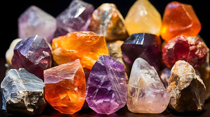 Poster - Stunning crystals reflecting light collection displayed on a lab bench showcasing extraterrestrial minerals with unique shapes and colors.