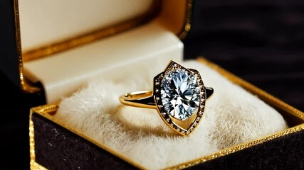 Poster - A beautiful gold and diamond ring is displayed in a white and gold box. The ring is the main focus of the image, and it is placed in the center of the box