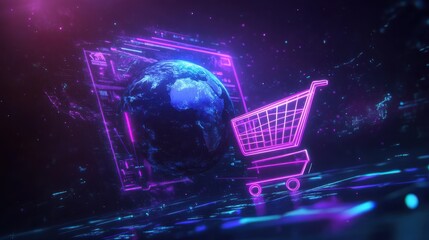 Poster - a futuristic shopping platform icon integrating a shopping cart, planet earth, and a stylized cursor