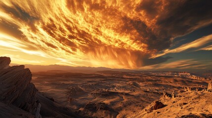 Wall Mural - Spectacular fiery clouds over rocky desert landscape at sunset, dramatic sky. Natural wonder and scenic beauty