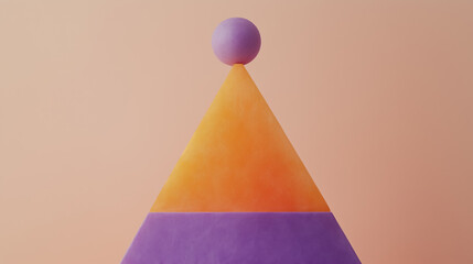 Poster - close up of orange and purple triangle with purple sphere on top, set against soft peach background, creating minimalist and geometric composition