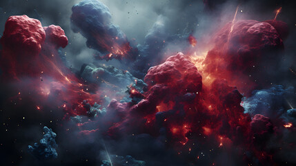 Poster - Dramatic formation of red and blue clouds in the cosmic sky showcasing the swirling gas and dust converging in a celestial display.
