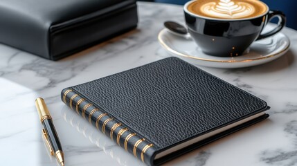 Aufkleber - A black leather bound notebook sits on a marble table next to a cup of coffee