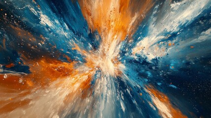 Poster - Abstract explosion of blue and orange paint creating a cosmic scene. Creativity concept