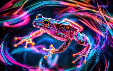 Poster - A vibrant pink and blue frog leaps through swirling neon light trails against a dark backdrop