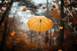 © Nasim Reza - a yellow umbrella flying in the air, surrounded by falling leaves, with a blurry background of a park with trees and foggy weather