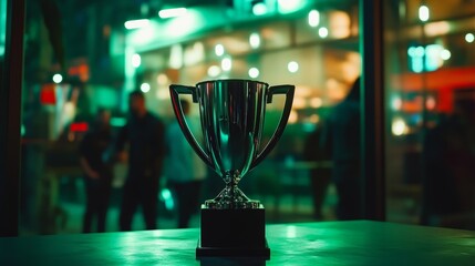 a digital trophy is depicted in a futuristic 3d illustration, floating in a virtual space, symbolizi