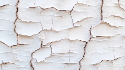 Poster - A close-up view of cracked, peeling white paint, revealing intricate patterns and textures on a weathered surface, Tree Bark Texture natural  close-up