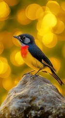 Poster - Vividly colored bird perched on rock with golden bokeh background. Wildlife photography
