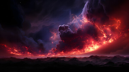 Poster - Dark sky with a striking red and orange cloud creating a dramatic and mysterious atmosphere that evokes cosmic wonder.