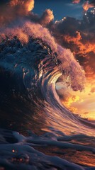 Wall Mural - Majestic ocean wave with sunset glow, vibrant colors and dramatic sky. Nature power concept