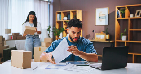 Aufkleber - Small business, stress and man with documents, laptop and confused by financial report and online. Reading, people and entrepreneur with paperwork for taxes, boxes and planning for audit or serious