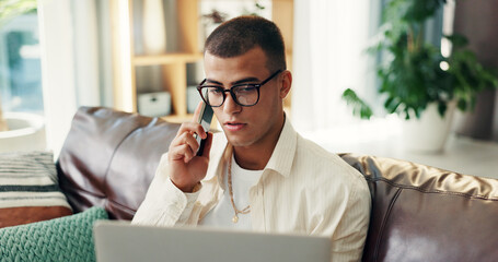 Aufkleber - Man, laptop and phone call on sofa in home for customer inquiry, online service and help with banking app. Contact, person and technical support for digital finance, website assistance and networking