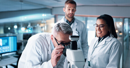 Poster - Research, teamwork and microscope with people in laboratory for DNA discovery, healthcare or solution. Gene study, medical and clinical trial with scientist in clinic for science, results and biotech