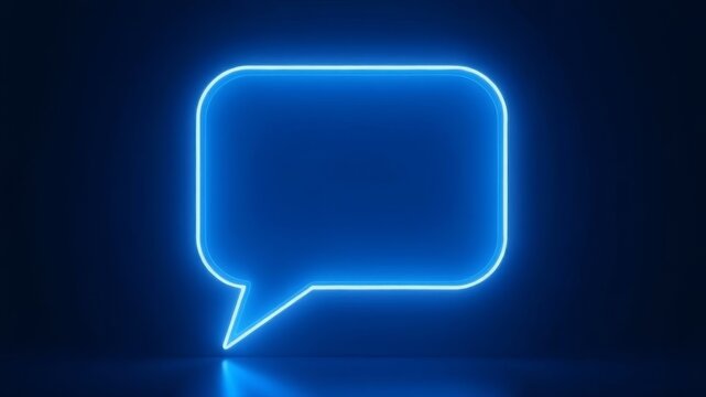 Neon blue speech bubble, glowing message symbol, illuminated chat icon, bright dialog frame, shiny communication design.