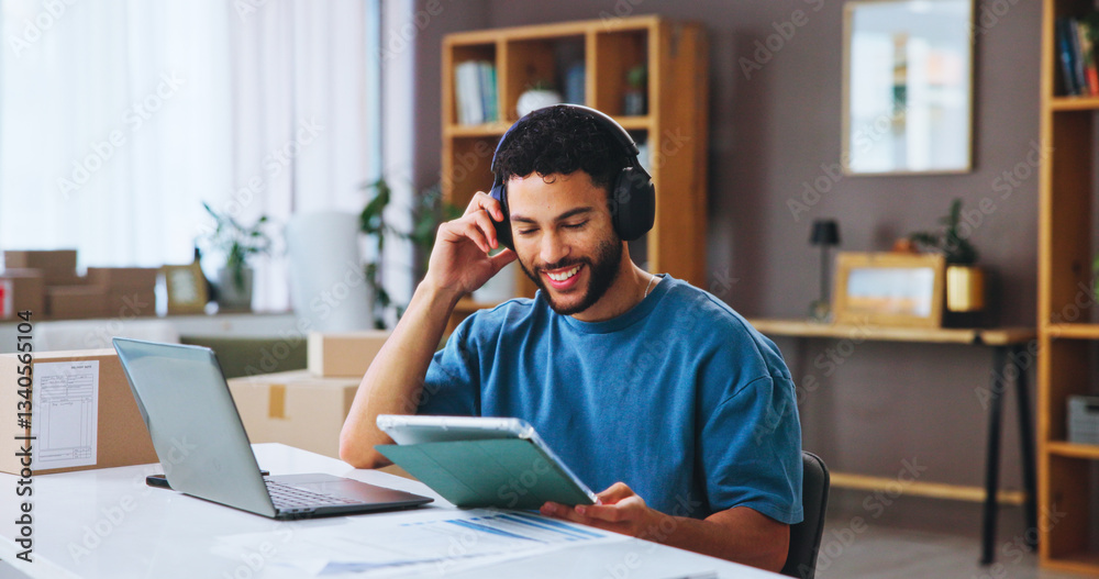 Man, technology and headphones for distribution startup with boxes, tablet and internet for communication. Home, merchandise and shipping information for online order, logistics and small business