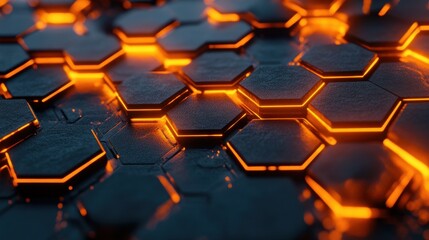 Poster - Abstract futuristic surface with orange glowing hexagons is creating modern background illustration