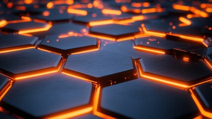 Poster - Abstract futuristic surface with orange glowing hexagons is creating modern background illustration