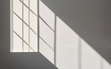 Poster - Bright natural light casting geometric shadows from a grid window onto a textured white wall creating an abstract minimalist pattern