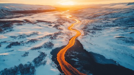 Wall Mural - Sunset over snowy landscape with river glowing orange, aerial view. Nature beauty concept