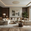 © Sagar - Stylish modern living room. A spacious sofa and minimalist decor in earthy tones create a warm and inviting living area, perfect for relaxation.