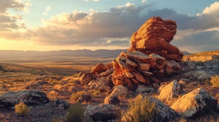 Wall Mural - Sunlit rocky landscape with red boulders and dramatic clouds at sunset. Nature escape