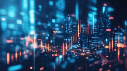 Poster - Abstract glowing big data forex candlestick chart on blurry city backdrop. Trade, technology, investment and analysis concept. Double exposure