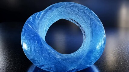 Abstract glass torus shape with intricate twisting patterns on a reflective surface