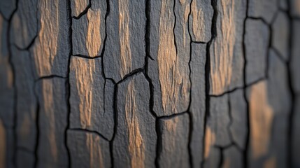 Aufkleber - A close-up view of textured, charred wood, showcasing deep cracks and an interplay of light and shadow, Tree Bark Texture natural  close-up