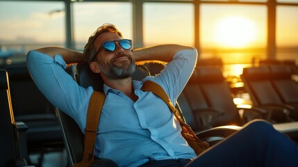 Aufkleber - A man wearing sunglasses and a blue shirt is relaxing in a chair