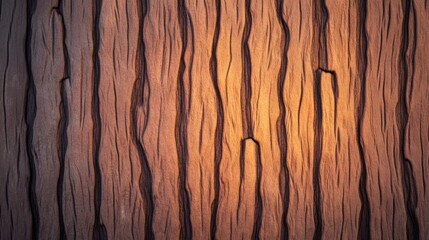 Aufkleber - A close-up view of textured wood with deep grooves, illuminated by a warm light, showcasing natural patterns and earthy tones, Tree Bark Texture natural  close-up