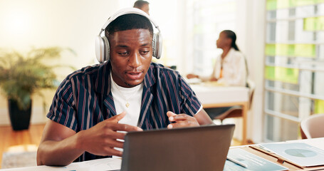 Poster - Video call, student and man with laptop, university and exam in classroom with info and headphones. Learning, talking and people in college with tech, scholarship and communication for knowledge