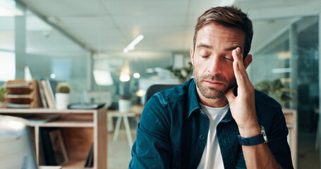 Poster - Man, headache and stress in office, burnout and brain fog with fatigue for deadline at startup. Person, migraine and frustrated with mistake, tired and overwhelmed with pain with creative agency