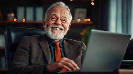 Poster - Man in a suit is smiling and using a laptop