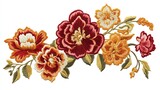 Embroidered floral design with rich burgundy, orange and cream flowers, detailed with intricate stitching on stems and leaves