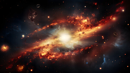 Poster - Vibrant and colorful space scene depicting the distortion of space-time fabric through gravitational waves in an artistic representation.
