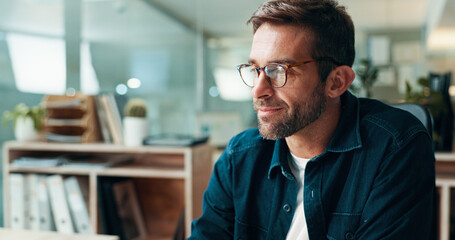 Poster - Business, thinking and man in office, solution and problem solving with planning for proposal. Person, copywriting or employee in workplace, glasses or opportunity with decision for project or review
