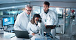 © CC/peopleimages.com - Collaboration, microscope and science with people in lab together for breakthrough or development. Laptop, sample and tablet with medical research team in clinical trial for dna analysis or results