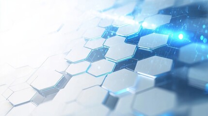 Poster - Modern 3D hexagonal technology abstract background features blue bright energy flashes under hexagons in a futuristic technology design against a white background illustration