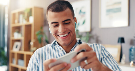 Poster - Man, earphones and happy with phone in home for playing internet gaming, web subscription and online competition. Gamer, person and smile with mobile app for streaming service, sound or entertainment