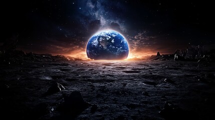 Wall Mural - large planet is floating in space with a dark background. the planet is surrounded by a lot of rocks