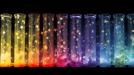 Poster - Row of colorful glass vases arranged beautifully on display showcasing a variety of shapes, sizes, and vibrant colors in an elegant setting.