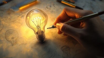 Poster - hand drawing creative business strategy with light bulb as concept
